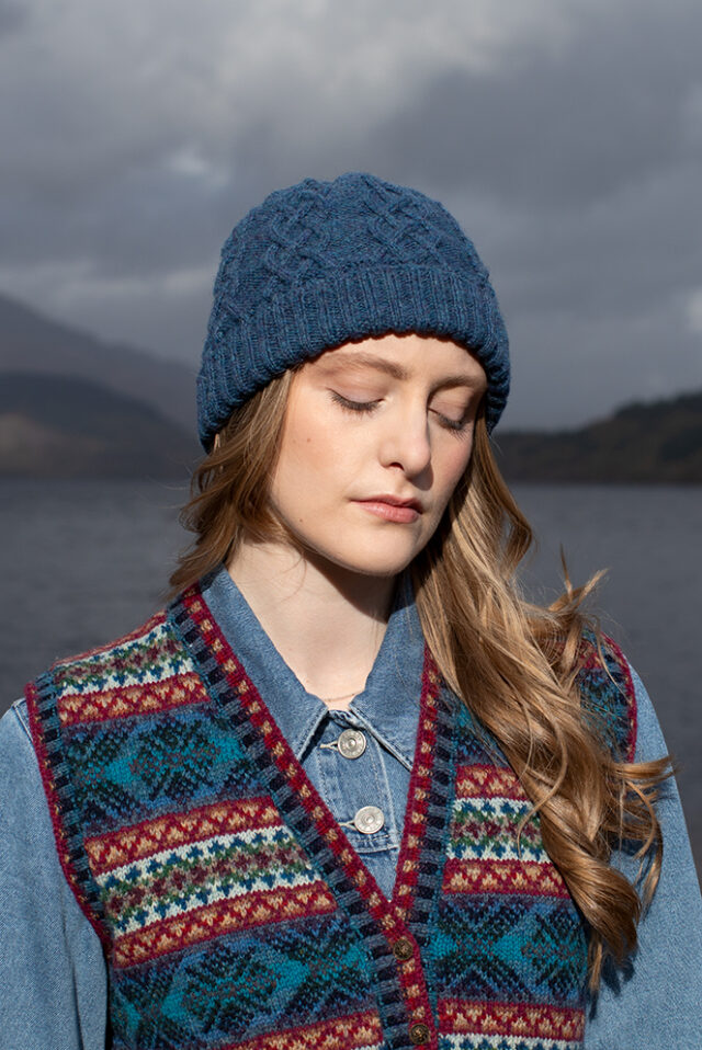 Mara waistcoat patterncard kit and Kittiwake Hat from the book Aran Knitting by Alice Starmore in Hebridean 2 Ply