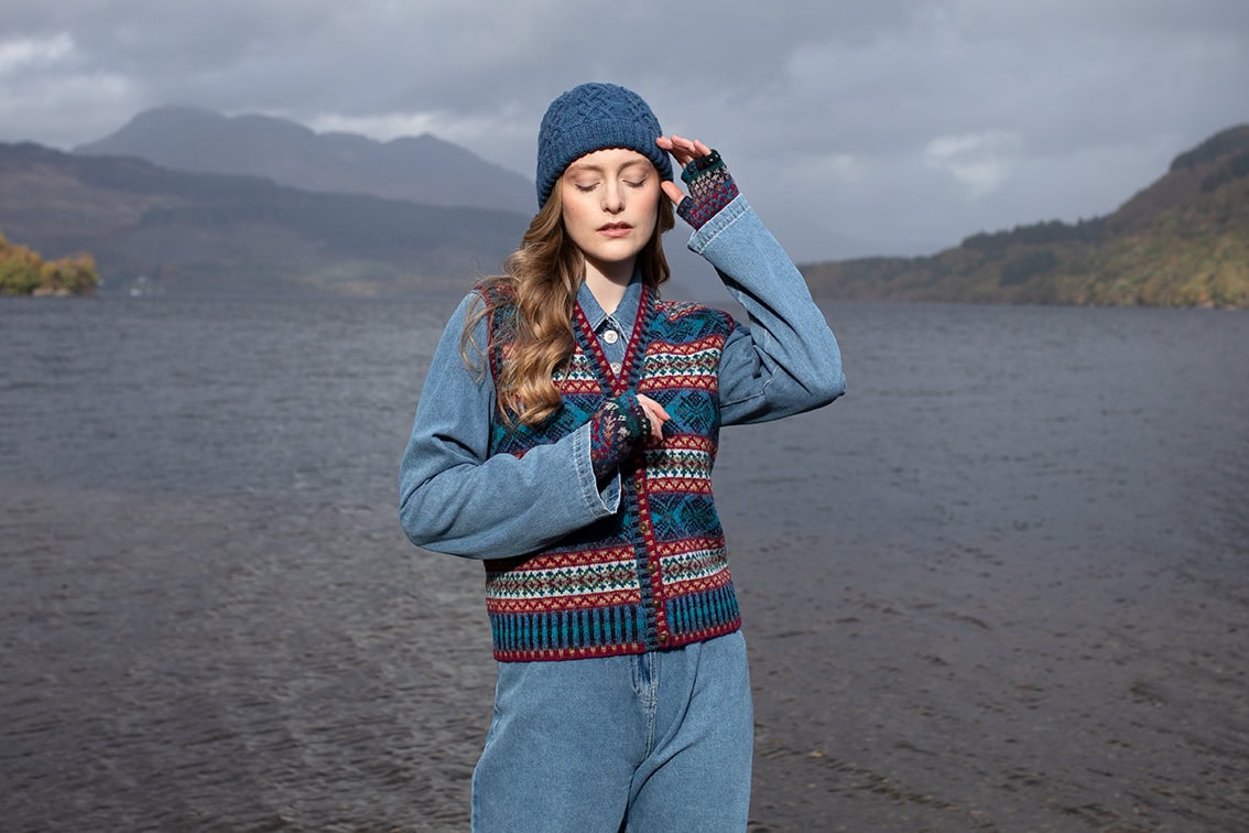 Mara waistcoat patterncard kit and Kittiwake Hat from the book Aran Knitting by Alice Starmore in Hebridean 2 Ply