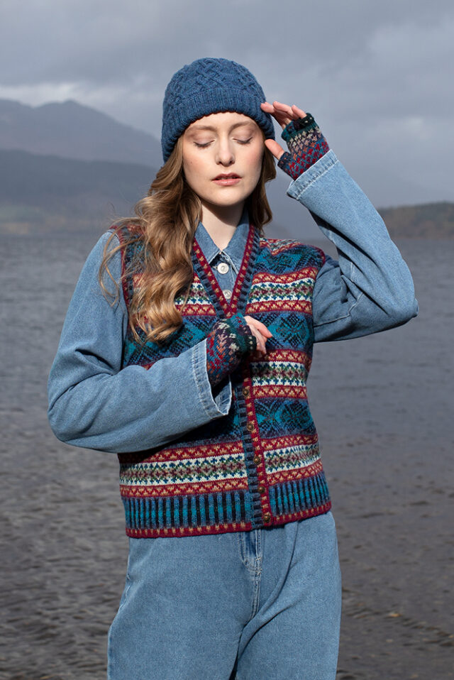 Mara waistcoat patterncard kit and Kittiwake Hat from the book Aran Knitting by Alice Starmore in Hebridean 2 Ply