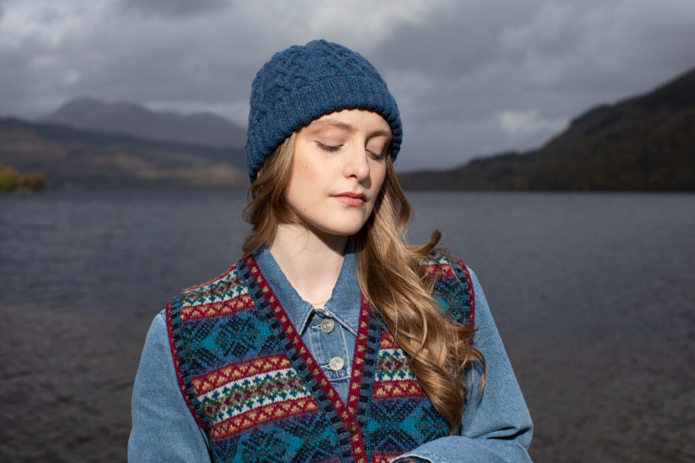 Mara waistcoat patterncard kit and Kittiwake Hat from the book Aran Knitting by Alice Starmore in Hebridean 2 Ply
