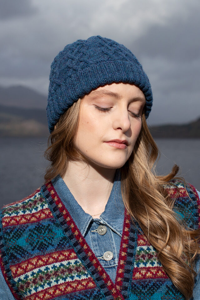 Mara waistcoat patterncard kit and Kittiwake Hat from the book Aran Knitting by Alice Starmore in Hebridean 2 Ply