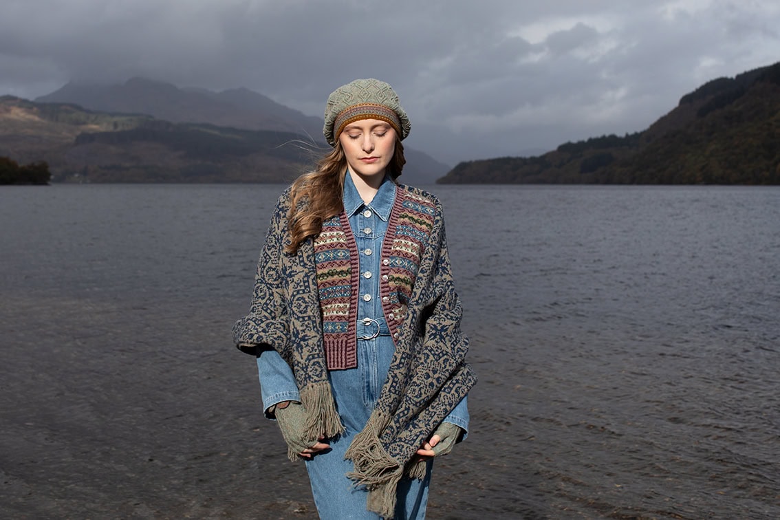 The Ruabhal Hat Set and Peigi Waistcoat by Alice Starmore, hand knitwear design patterncard kits in Hebridean 2 Ply and the Persian Tiles wrap by Jade Starmore