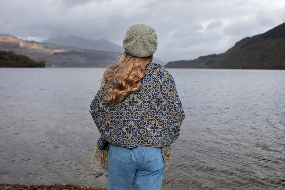 The Ruabhal Hat Set and Peigi Waistcoat by Alice Starmore, hand knitwear design patterncard kits in Hebridean 2 Ply and the Persian Tiles wrap by Jade Starmore