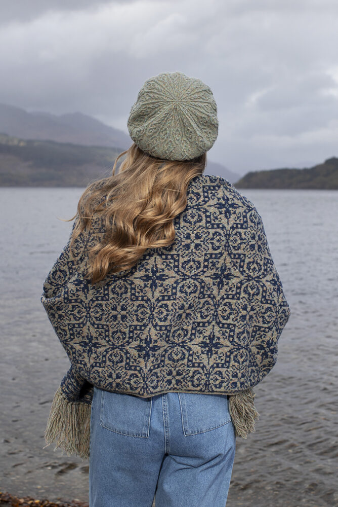 The Ruabhal Hat Set and Peigi Waistcoat by Alice Starmore, hand knitwear design patterncard kits in Hebridean 2 Ply and the Persian Tiles wrap by Jade Starmore