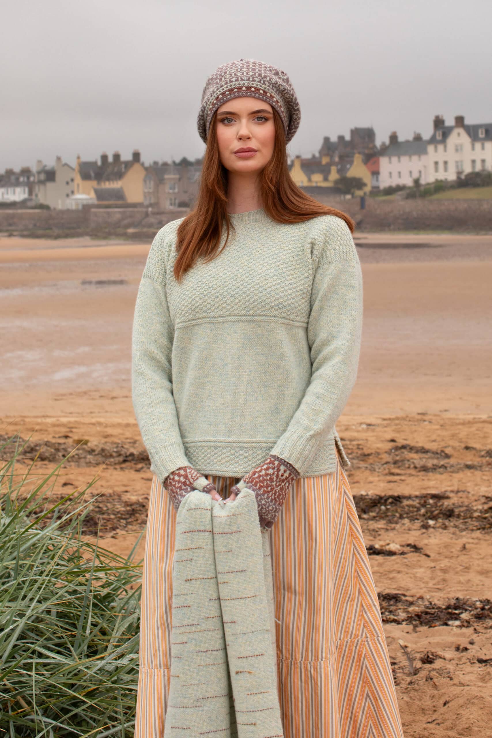 The Scarborough pullover and Briodag Hat Set patterncard kit designs by Alice Starmore in Hebridean 3 Ply