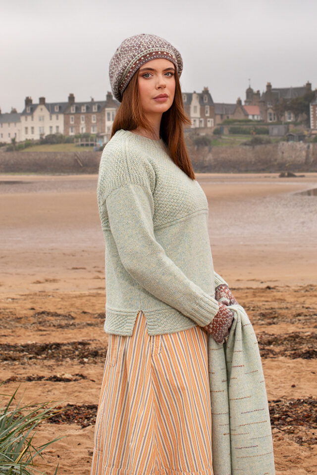 The Scarborough pullover and Briodag Hat Set patterncard kit designs by Alice Starmore in Hebridean 3 Ply