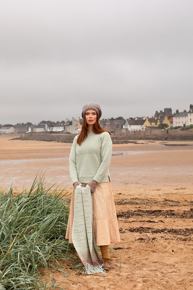 The Scarborough pullover and Briodag Hat Set patterncard kit designs by Alice Starmore in Hebridean 3 Ply