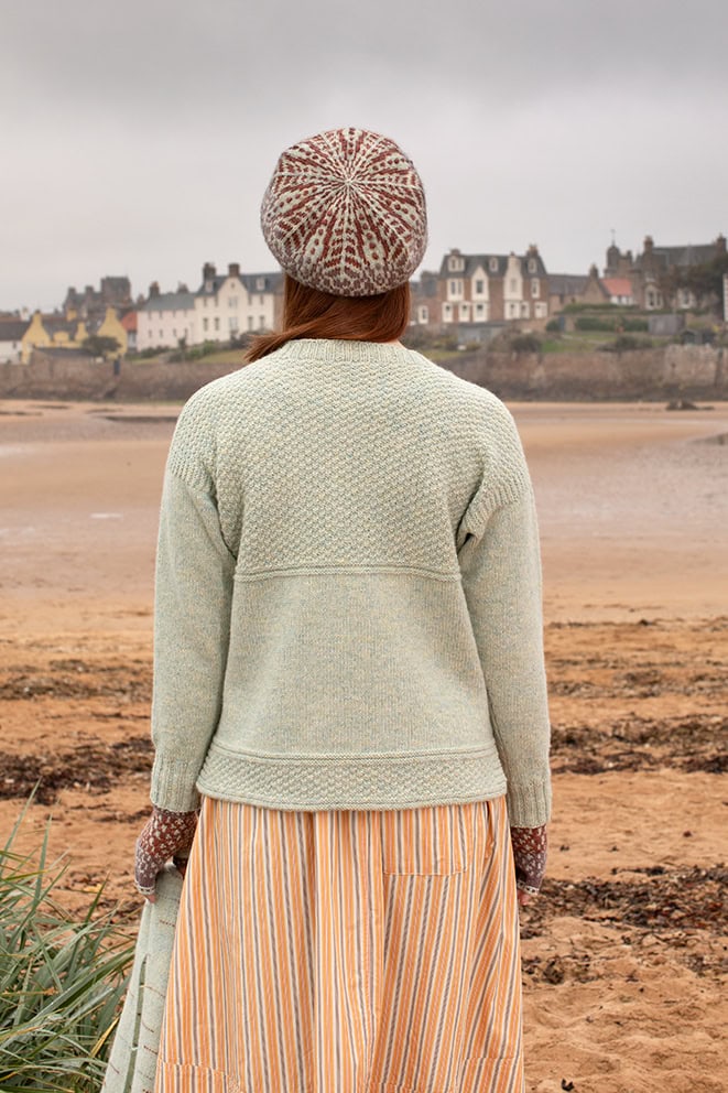 The Scarborough pullover and Briodag Hat Set patterncard kit designs by Alice Starmore in Hebridean 3 Ply