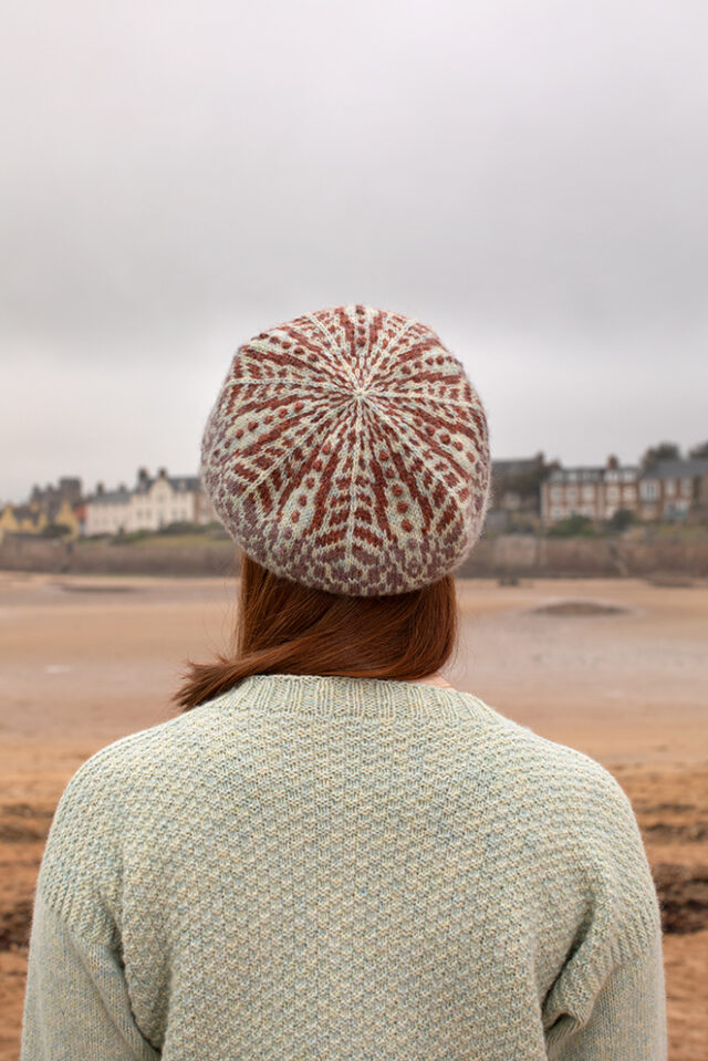 The Scarborough pullover and Briodag Hat Set patterncard kit designs by Alice Starmore in Hebridean 3 Ply