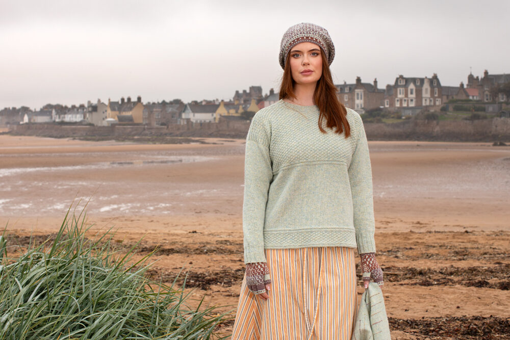 The Scarborough pullover and Briodag Hat Set patterncard kit designs by Alice Starmore in Hebridean 3 Ply