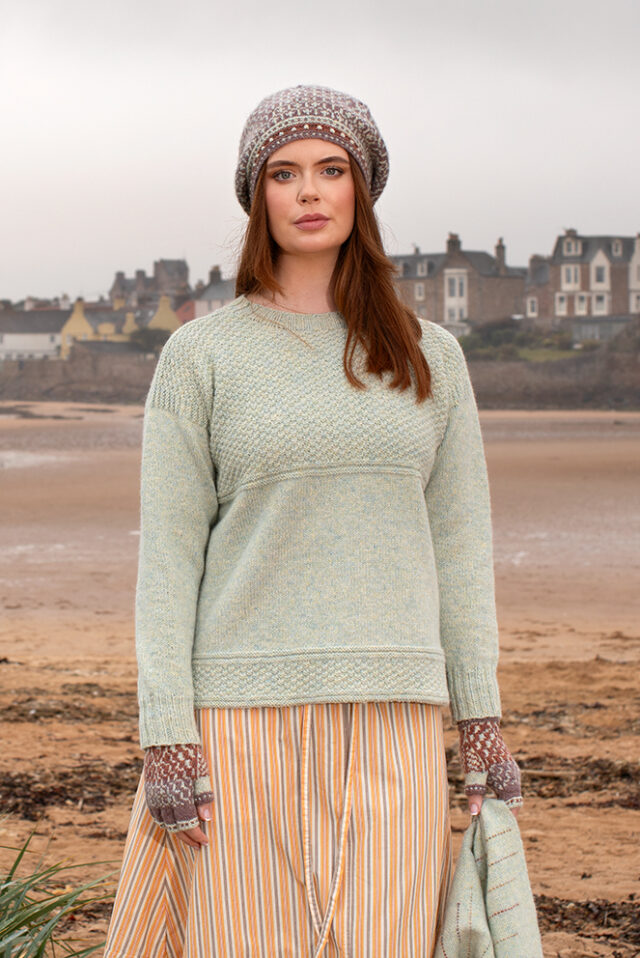 The Scarborough pullover and Briodag Hat Set patterncard kit designs by Alice Starmore in Hebridean 3 Ply