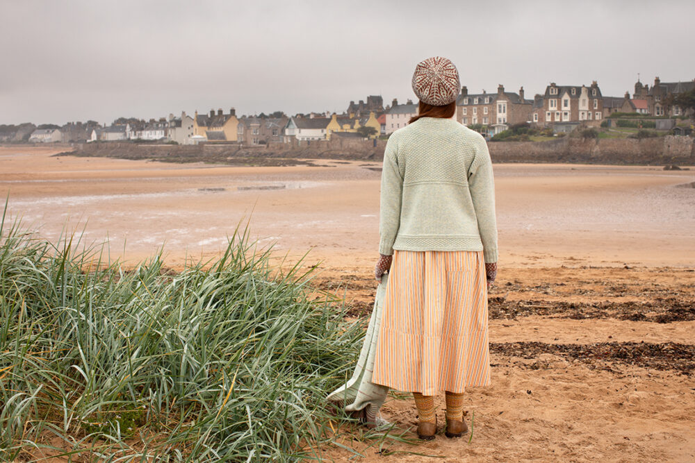 The Scarborough pullover and Briodag Hat Set patterncard kit designs by Alice Starmore in Hebridean 3 Ply