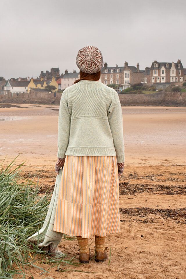 The Scarborough pullover and Briodag Hat Set patterncard kit designs by Alice Starmore in Hebridean 3 Ply