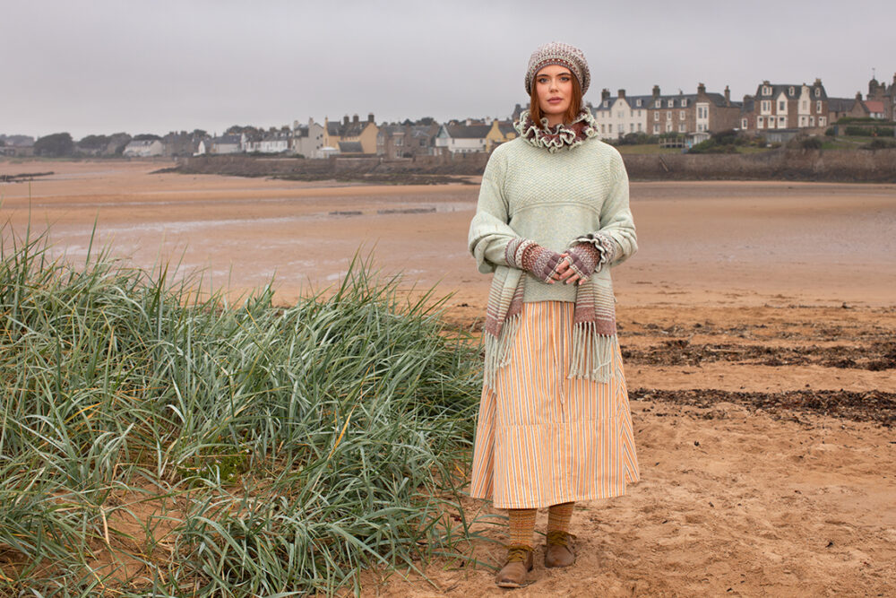 The Scarborough pullover and Briodag Hat Set patterncard kit designs by Alice Starmore in Hebridean 3 Ply