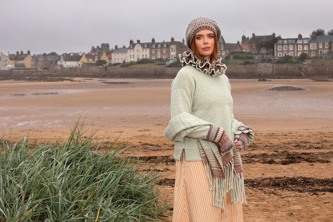 The Scarborough pullover and Briodag Hat Set patterncard kit designs by Alice Starmore in Hebridean 3 Ply