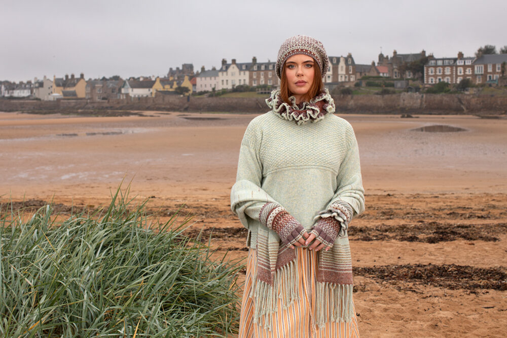 The Scarborough pullover and Briodag Hat Set patterncard kit designs by Alice Starmore in Hebridean 3 Ply