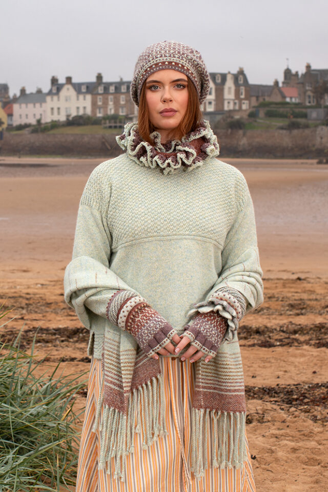 The Scarborough pullover and Briodag Hat Set patterncard kit designs by Alice Starmore in Hebridean 3 Ply