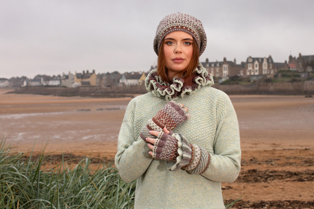 The Scarborough pullover and Briodag Hat Set patterncard kit designs by Alice Starmore in Hebridean 3 Ply