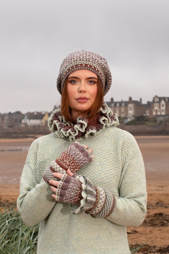 The Scarborough pullover and Briodag Hat Set patterncard kit designs by Alice Starmore in Hebridean 3 Ply