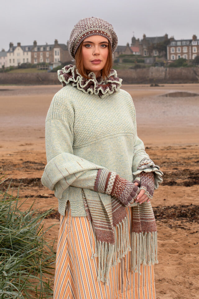 The Scarborough pullover and Briodag Hat Set patterncard kit designs by Alice Starmore in Hebridean 3 Ply