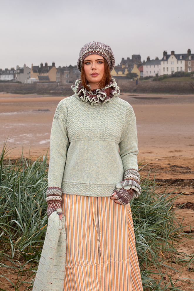 The Scarborough pullover and Briodag Hat Set patterncard kit designs by Alice Starmore in Hebridean 3 Ply