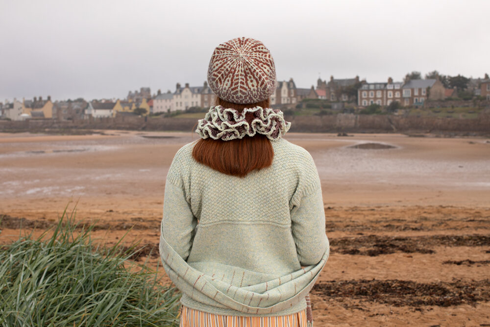 The Scarborough pullover and Briodag Hat Set patterncard kit designs by Alice Starmore in Hebridean 3 Ply
