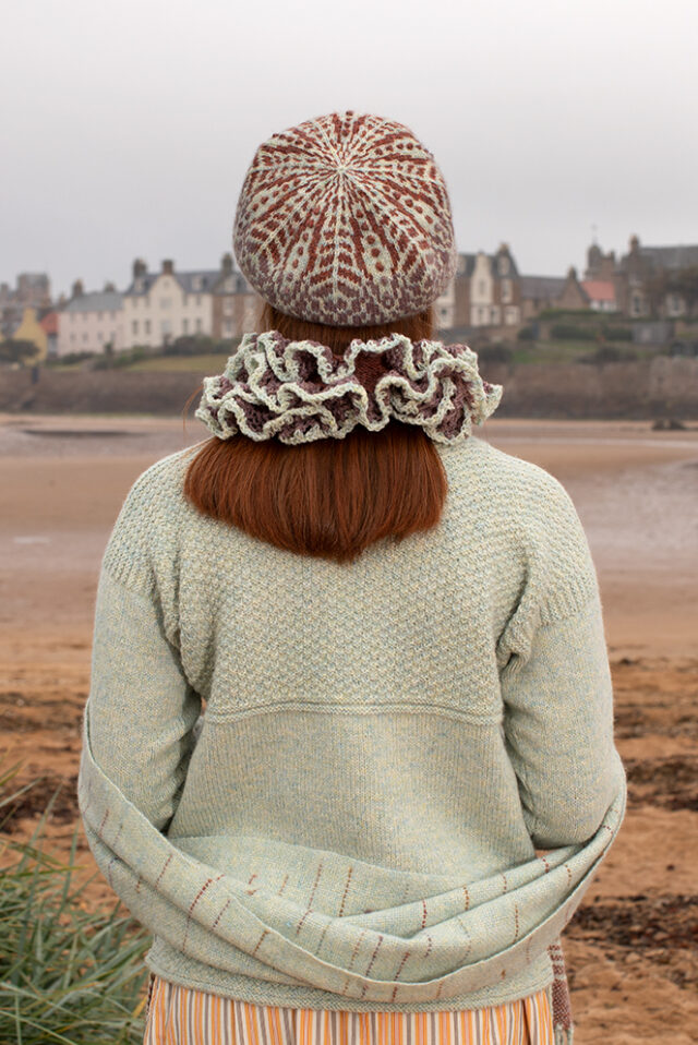 The Scarborough pullover and Briodag Hat Set patterncard kit designs by Alice Starmore in Hebridean 3 Ply