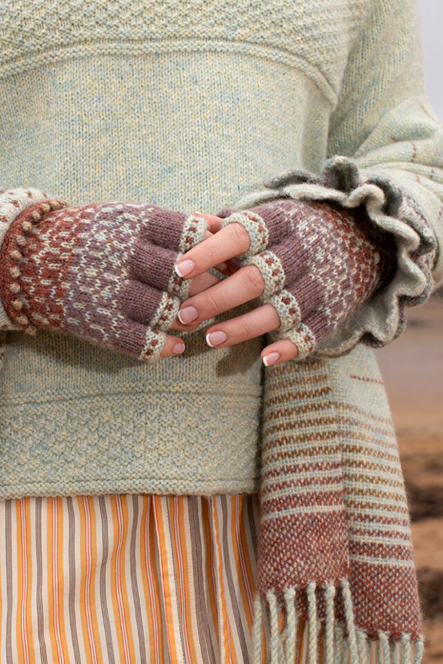 The Scarborough pullover and Briodag Hat Set patterncard kit designs by Alice Starmore in Hebridean 3 Ply