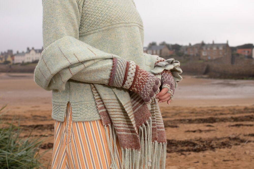 The Scarborough pullover and Briodag Hat Set patterncard kit designs by Alice Starmore in Hebridean 3 Ply