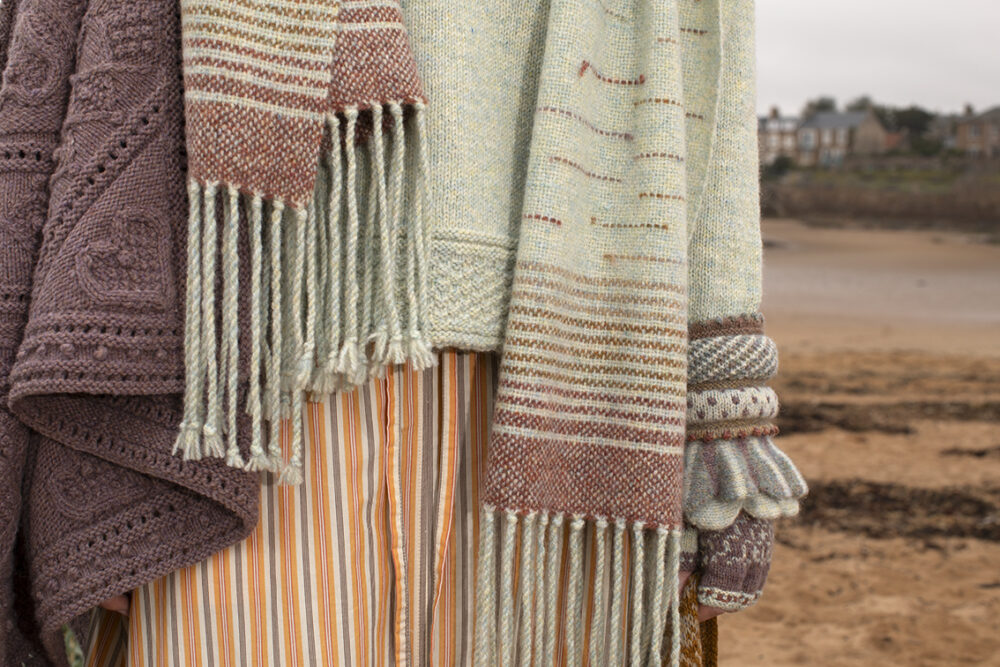 The Scarborough pullover and Briodag Hat Set patterncard kit designs by Alice Starmore in Hebridean 3 Ply