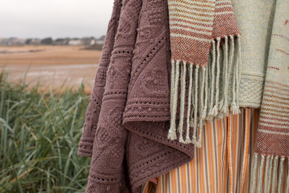 The Scarborough pullover and Briodag Hat Set patterncard kit designs and Mo Chridhe Blanket by Alice Starmore in Hebridean 2 & 3 Ply