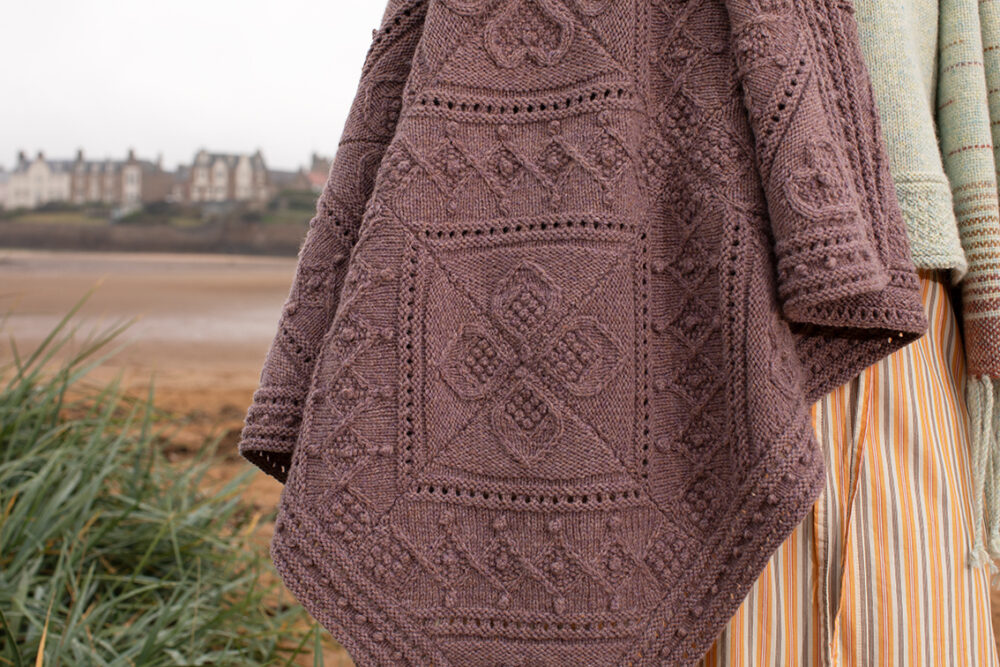 The Scarborough pullover and Briodag Hat Set patterncard kit designs and Mo Chridhe Blanket by Alice Starmore in Hebridean 2 & 3 Ply