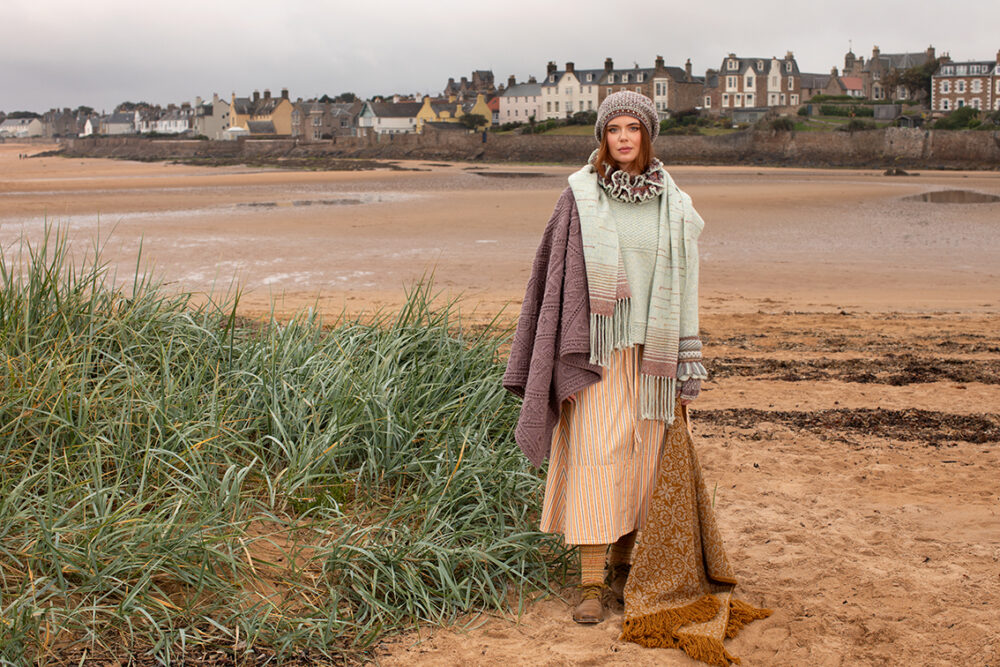 The Scarborough pullover and Briodag Hat Set patterncard kit designs and Mo Chridhe Blanket by Alice Starmore in Hebridean 2 & 3 Ply