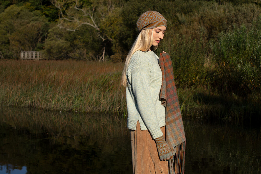 The Scarborough pullover, Hirta Hat Set and Oiseabhal Wrap patterncard kit designs by Alice Starmore in Hebridean 2 & 3 Ply