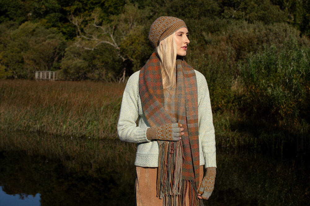The Scarborough pullover, Hirta Hat Set and Oiseabhal Wrap patterncard kit designs by Alice Starmore in Hebridean 2 & 3 Ply