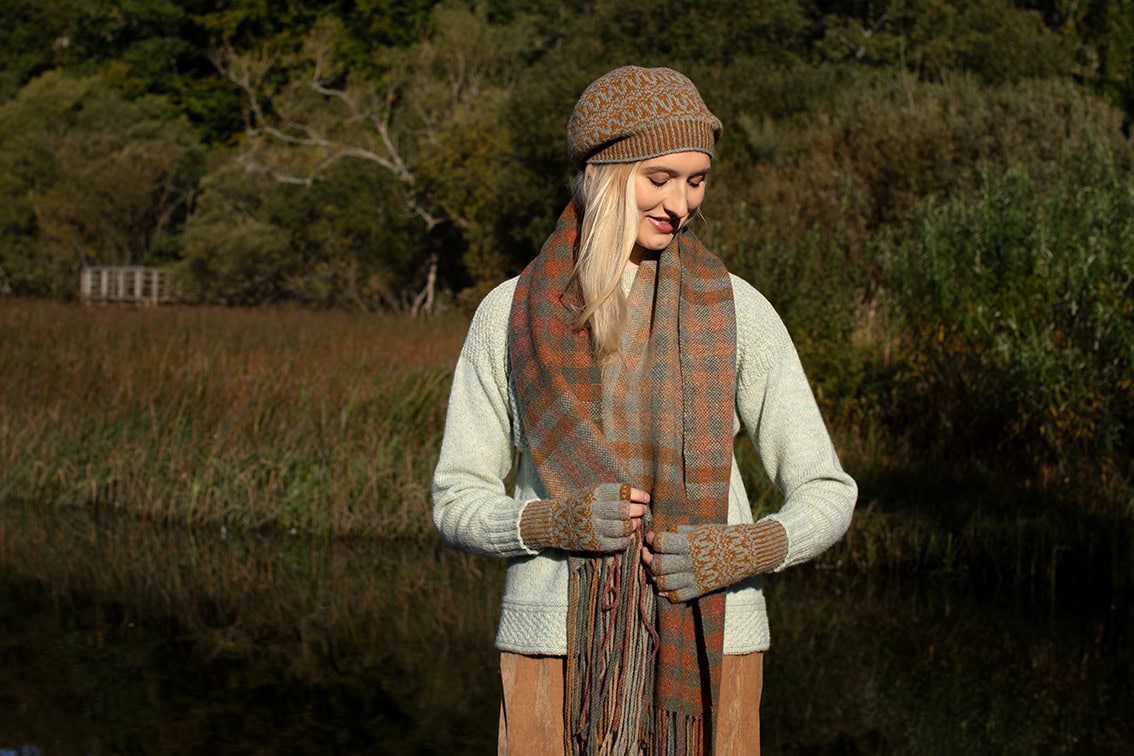 The Scarborough pullover, Hirta Hat Set and Oiseabhal Wrap patterncard kit designs by Alice Starmore in Hebridean 2 & 3 Ply