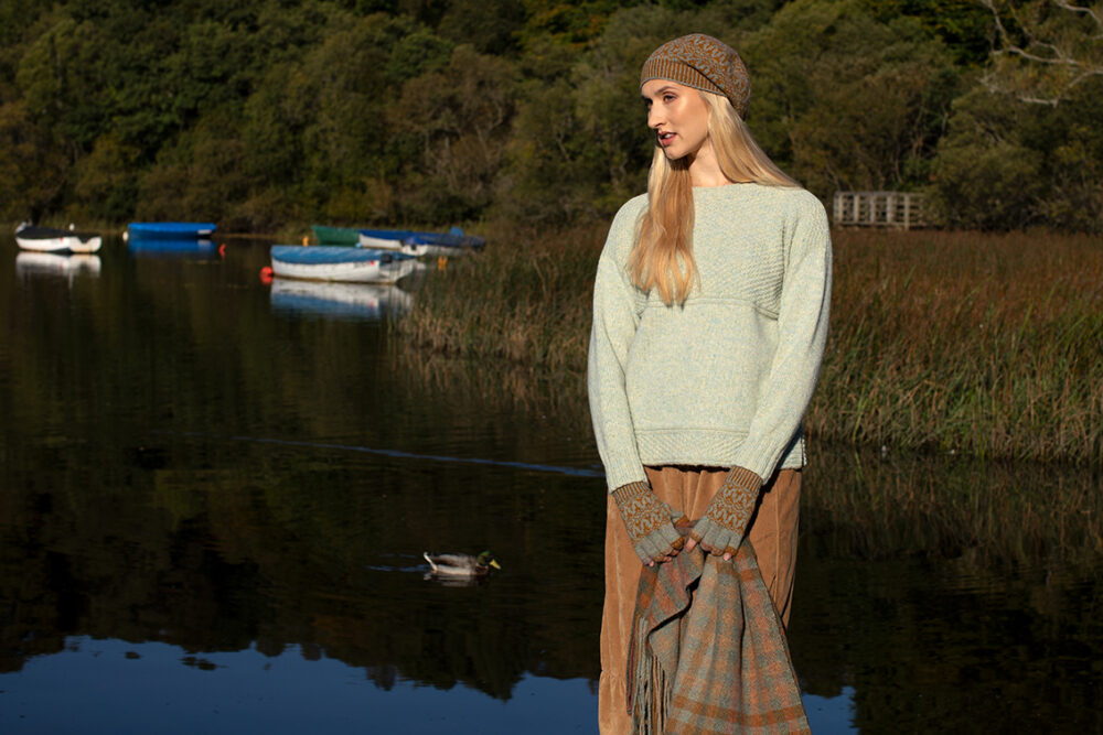 The Scarborough pullover, Hirta Hat Set and Oiseabhal Wrap patterncard kit designs by Alice Starmore in Hebridean 2 & 3 Ply