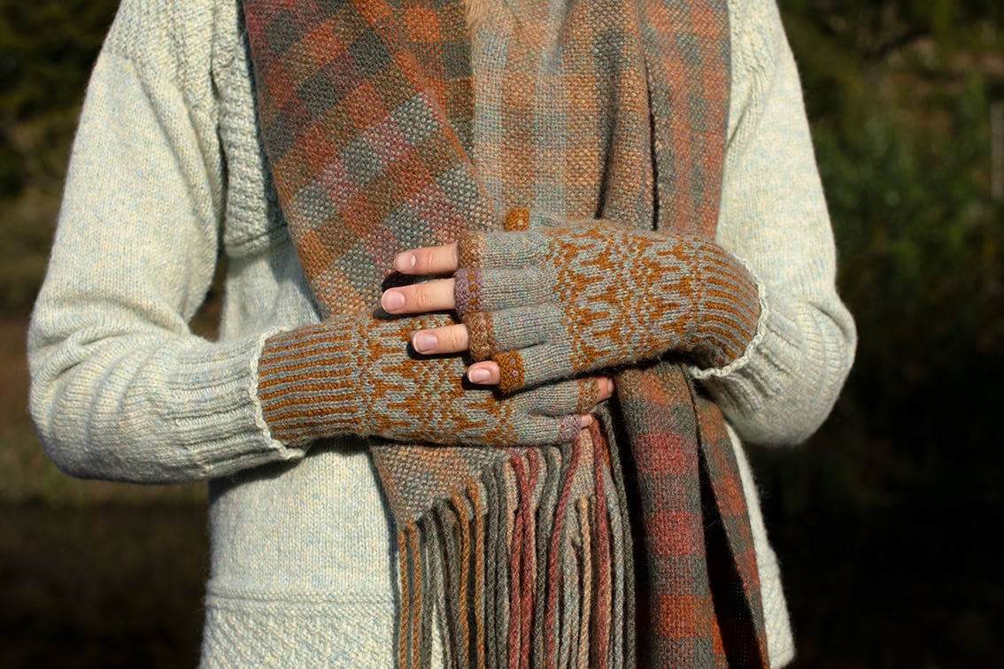 The Scarborough pullover, Hirta Hat Set and Oiseabhal Wrap patterncard kit designs by Alice Starmore in Hebridean 2 & 3 Ply