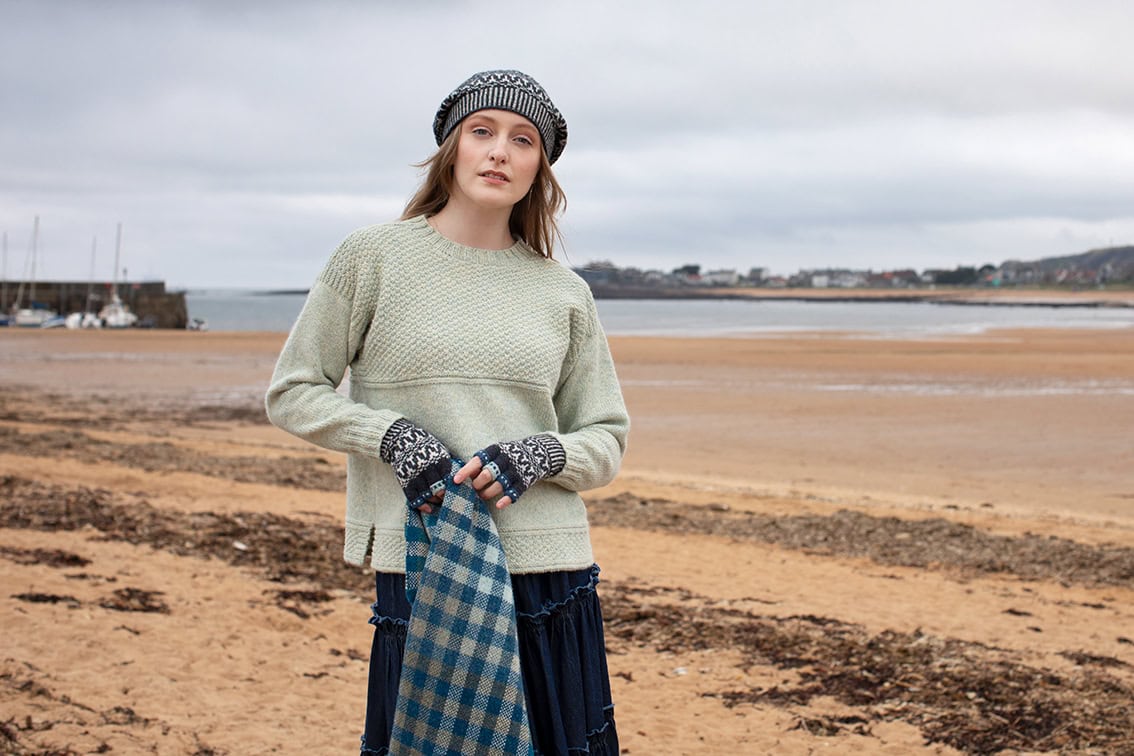 The Scarborough pullover, Hirta Hat Set and Oiseabhal Wrap patterncard kit designs by Alice Starmore in Hebridean 2 & 3 Ply