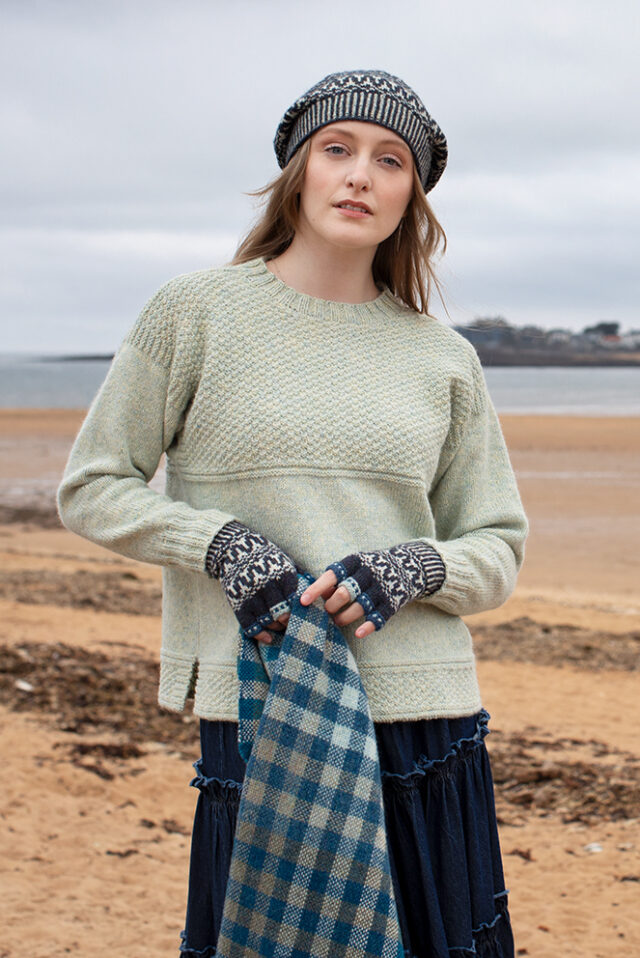 The Scarborough pullover, Hirta Hat Set and Oiseabhal Wrap patterncard kit designs by Alice Starmore in Hebridean 2 & 3 Ply