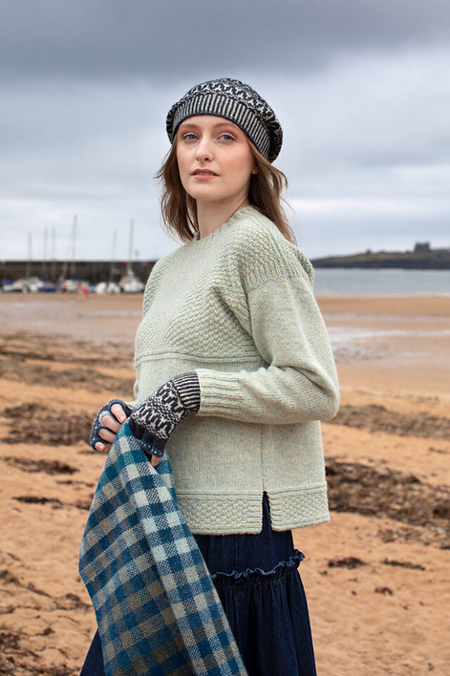 The Scarborough pullover, Hirta Hat Set and Oiseabhal Wrap patterncard kit designs by Alice Starmore in Hebridean 2 & 3 Ply