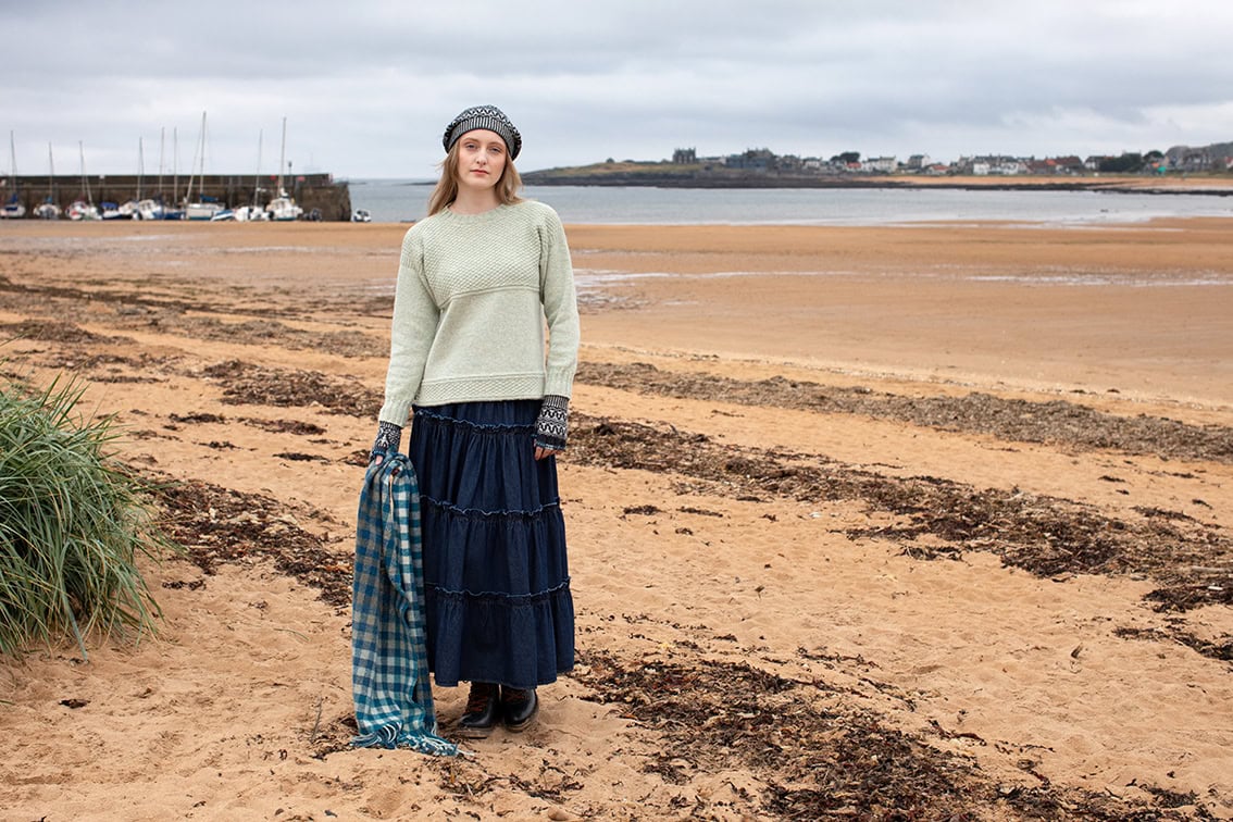 The Scarborough pullover, Hirta Hat Set and Oiseabhal Wrap patterncard kit designs by Alice Starmore in Hebridean 2 & 3 Ply