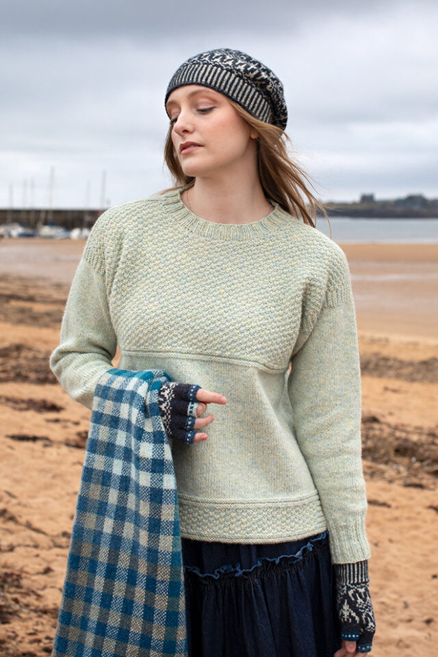 The Scarborough pullover, Hirta Hat Set and Oiseabhal Wrap patterncard kit designs by Alice Starmore in Hebridean 2 & 3 Ply