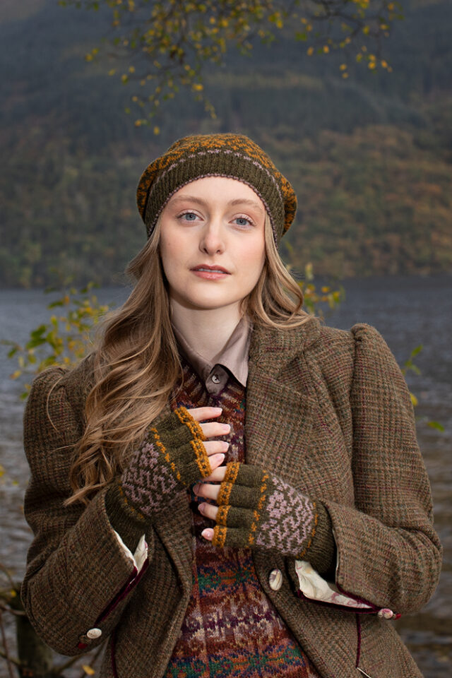 Casseopia Hat Set and Thoroughbred Vest patterncard kit designs by Alice Starmore in Hebridean 2 Ply yarn