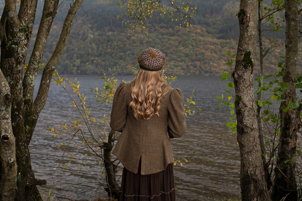 Casseopia Hat Set and Thoroughbred Vest patterncard kit designs by Alice Starmore in Hebridean 2 Ply yarn