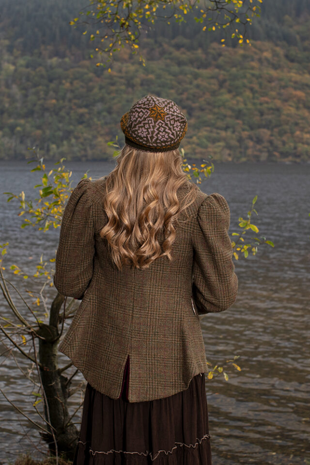 Casseopia Hat Set and Thoroughbred Vest patterncard kit designs by Alice Starmore in Hebridean 2 Ply yarn