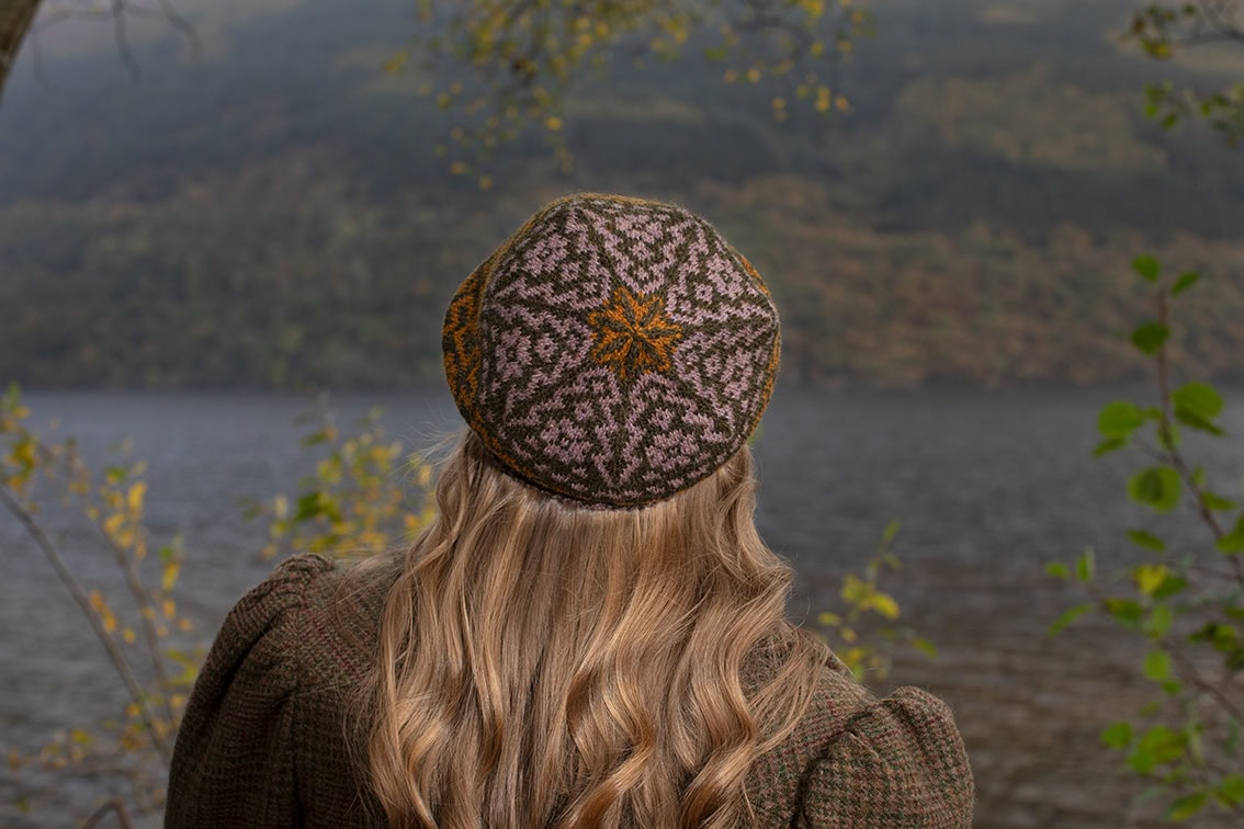 Casseopia Hat Set and Thoroughbred Vest patterncard kit designs by Alice Starmore in Hebridean 2 Ply yarn