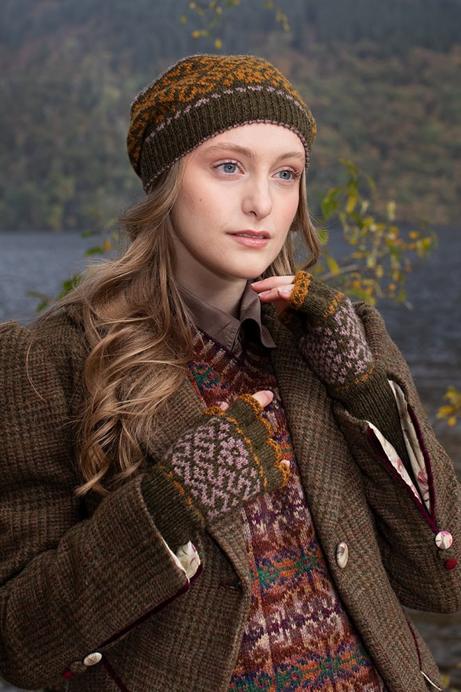 Casseopia Hat Set and Thoroughbred Vest patterncard kit designs by Alice Starmore in Hebridean 2 Ply yarn