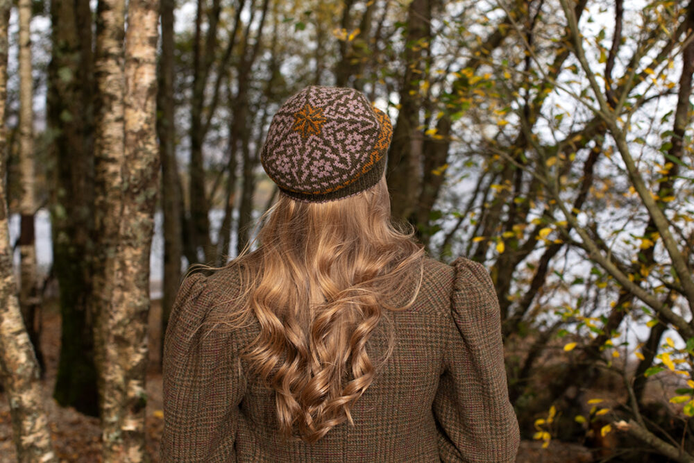 Casseopia Hat Set and Thoroughbred Vest patterncard kit designs by Alice Starmore in Hebridean 2 Ply yarn