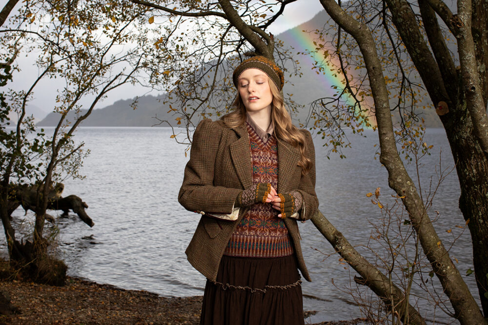 Casseopia Hat Set and Thoroughbred Vest patterncard kit designs by Alice Starmore in Hebridean 2 Ply yarn